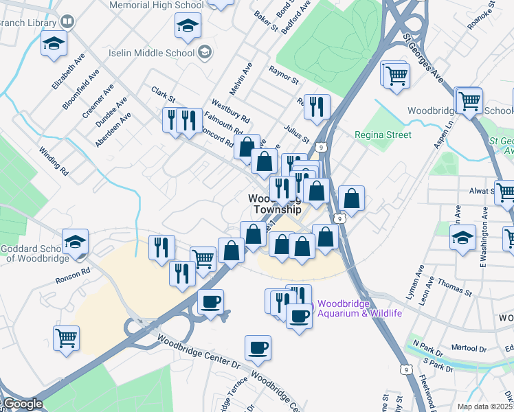 map of restaurants, bars, coffee shops, grocery stores, and more near 30 Montague Avenue in Woodbridge Township