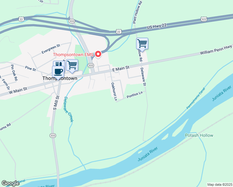 map of restaurants, bars, coffee shops, grocery stores, and more near 19 Texs Park Drive in Thompsontown