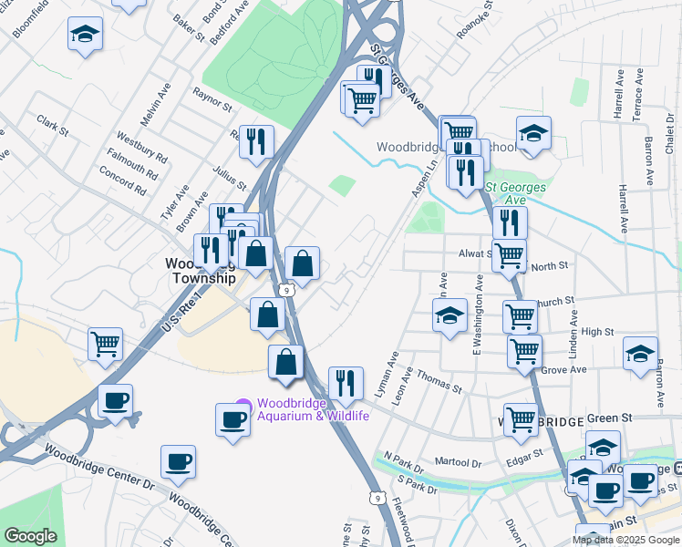 map of restaurants, bars, coffee shops, grocery stores, and more near 10 Aspen Lane in Woodbridge Township