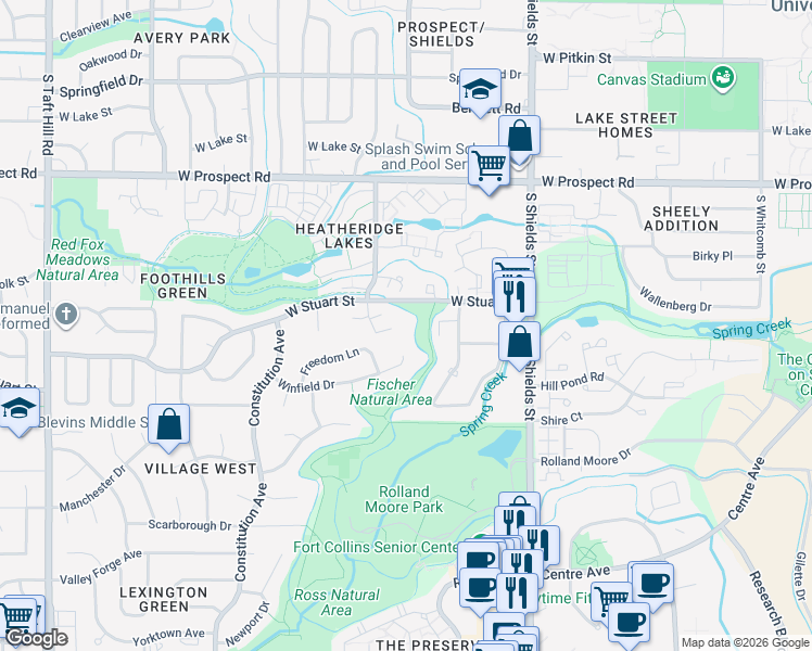 map of restaurants, bars, coffee shops, grocery stores, and more near 1336 Woodcrest Court in Fort Collins