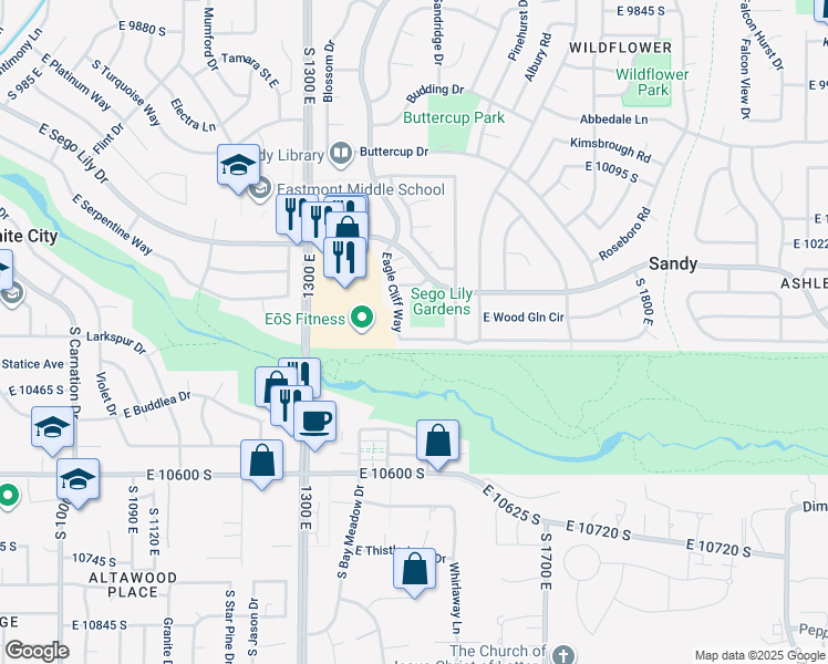 map of restaurants, bars, coffee shops, grocery stores, and more near 1423 Edgecliff Drive in Sandy