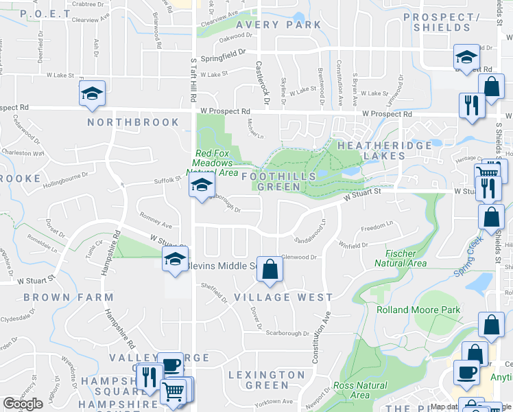 map of restaurants, bars, coffee shops, grocery stores, and more near 1900 Kingsborough Drive in Fort Collins