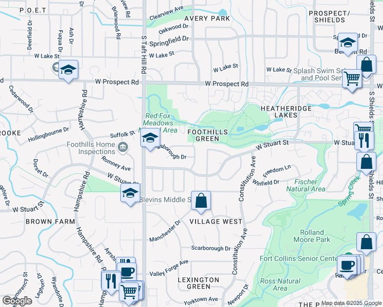 map of restaurants, bars, coffee shops, grocery stores, and more near 1900 Kingsborough Drive in Fort Collins