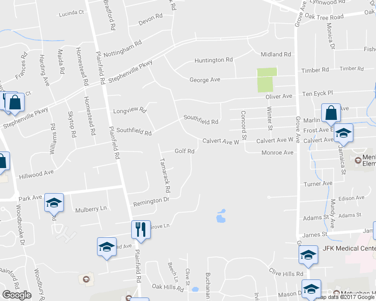 map of restaurants, bars, coffee shops, grocery stores, and more near 12 Golf Road in Edison