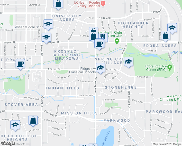 map of restaurants, bars, coffee shops, grocery stores, and more near 1804 Pawnee Drive in Fort Collins