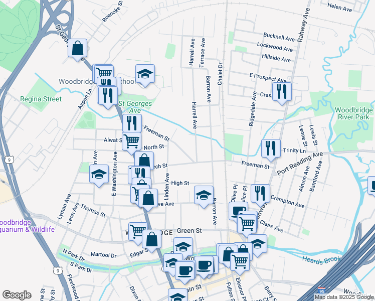map of restaurants, bars, coffee shops, grocery stores, and more near 154 Freeman Street in Woodbridge Township