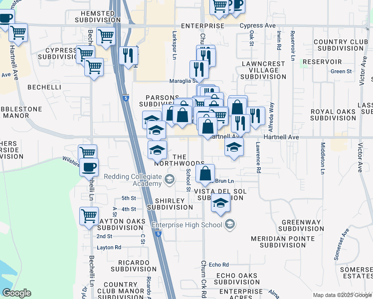 map of restaurants, bars, coffee shops, grocery stores, and more near 3070 School Street in Redding