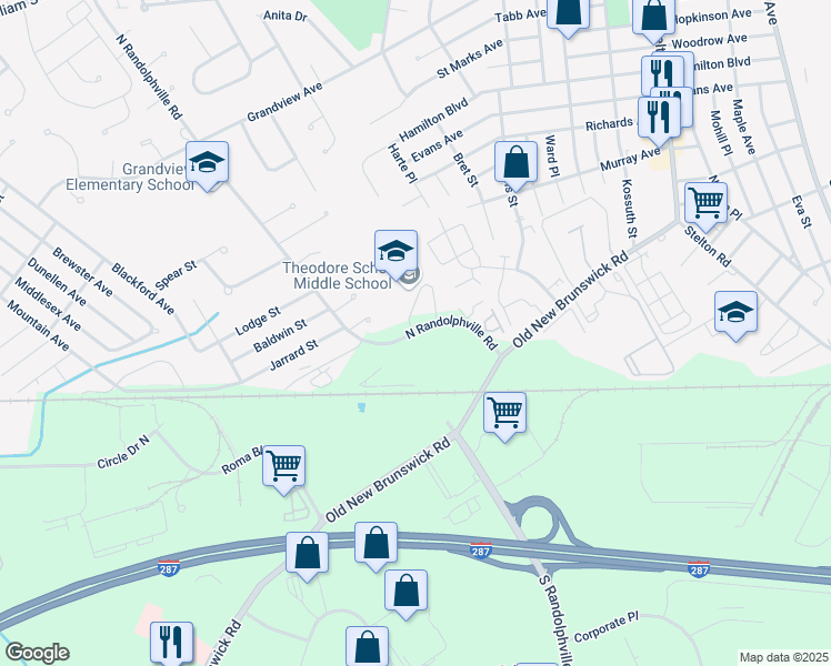 map of restaurants, bars, coffee shops, grocery stores, and more near 300 North Randolphville Road in Piscataway