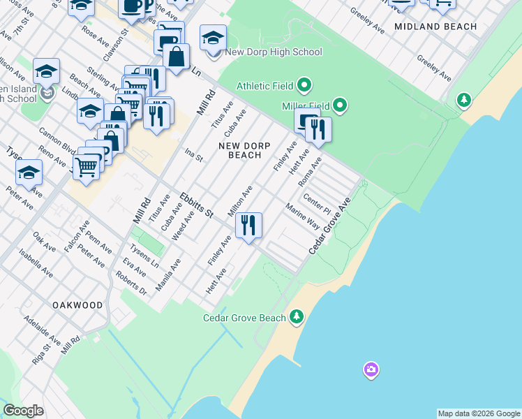 map of restaurants, bars, coffee shops, grocery stores, and more near 138 Finley Avenue in Staten Island