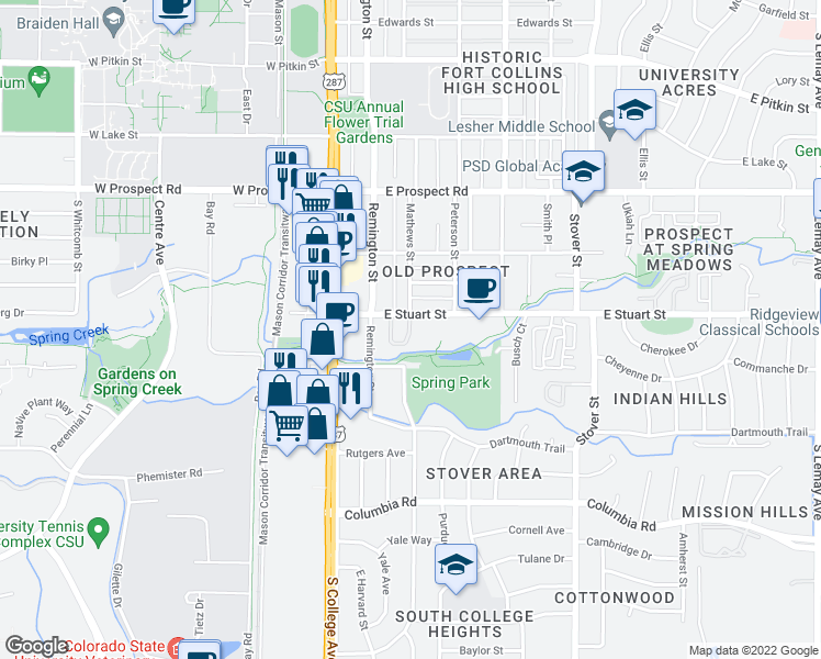 map of restaurants, bars, coffee shops, grocery stores, and more near 1823 Indian Meadows Lane in Fort Collins