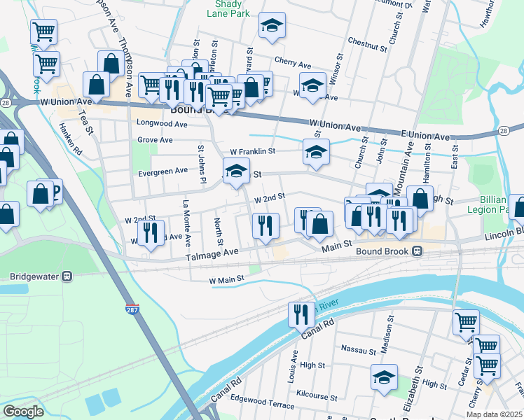 map of restaurants, bars, coffee shops, grocery stores, and more near 49 Van Keuren Ave in Bound Brook