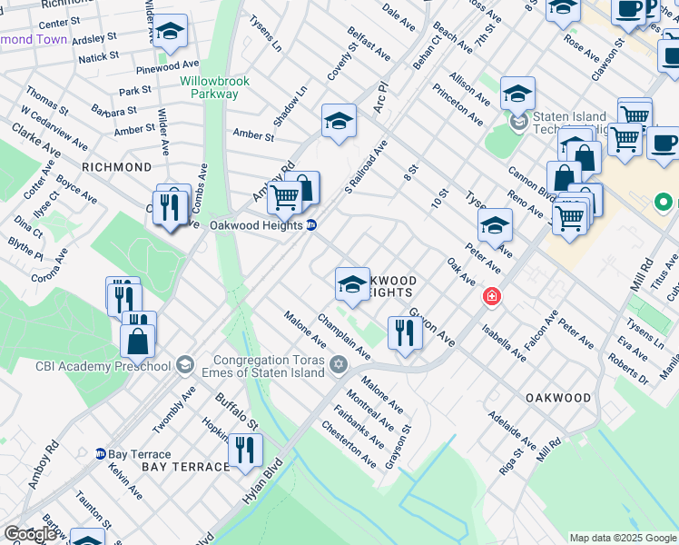 map of restaurants, bars, coffee shops, grocery stores, and more near 96 Tarring Street in Staten Island