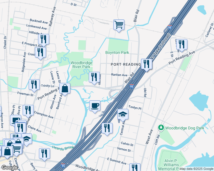 map of restaurants, bars, coffee shops, grocery stores, and more near 217 Port Reading Avenue in Woodbridge Township