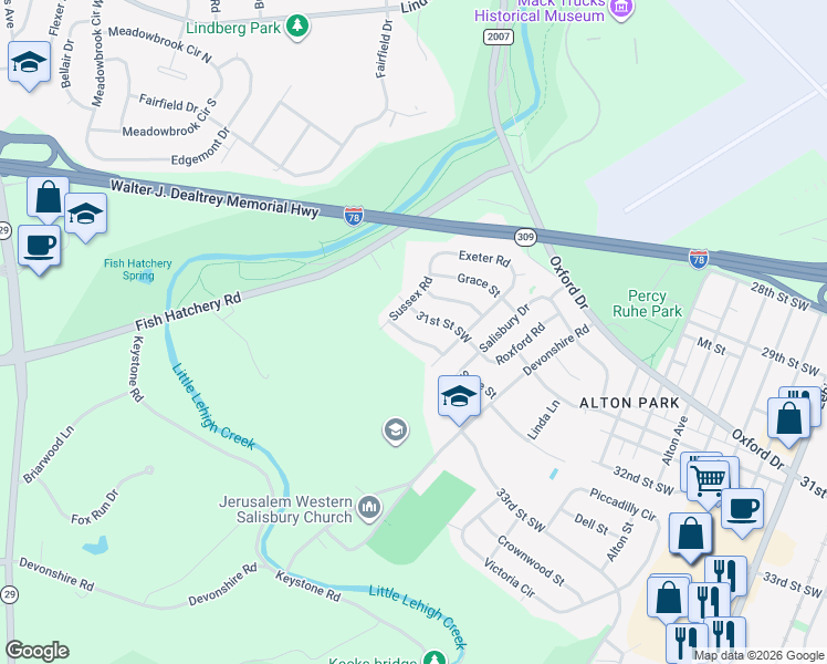 map of restaurants, bars, coffee shops, grocery stores, and more near 1415 Sage Street in Allentown