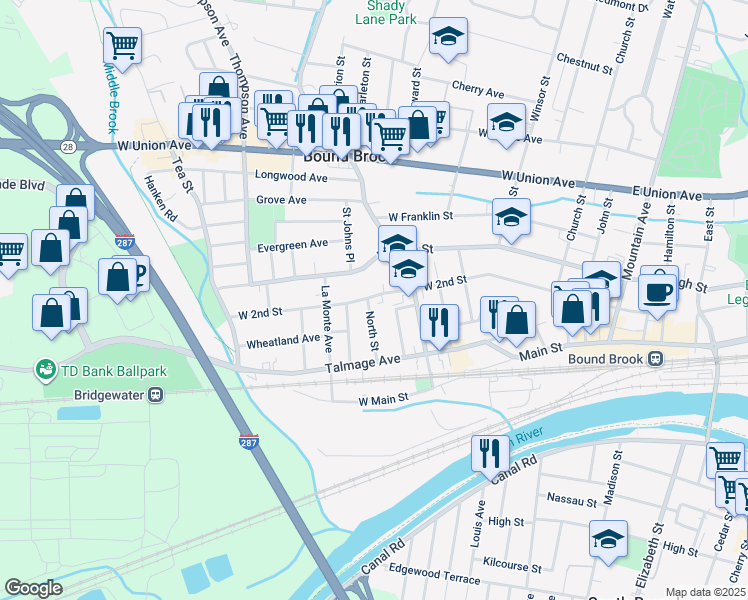 map of restaurants, bars, coffee shops, grocery stores, and more near 341 West 2nd Street in Bound Brook