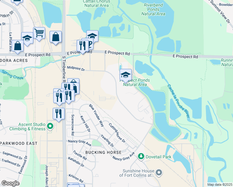 map of restaurants, bars, coffee shops, grocery stores, and more near Midpoint Drive in Fort Collins