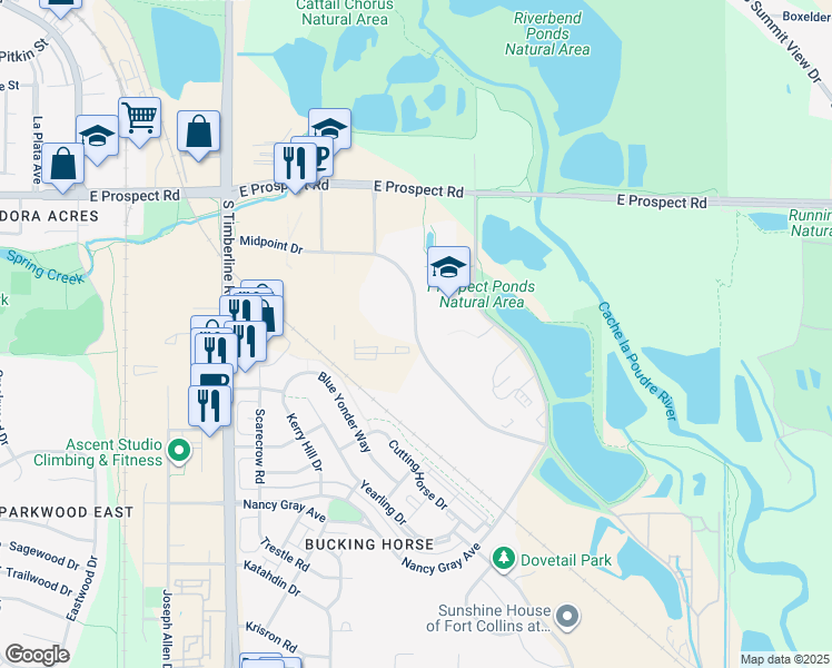 map of restaurants, bars, coffee shops, grocery stores, and more near Midpoint Drive in Fort Collins