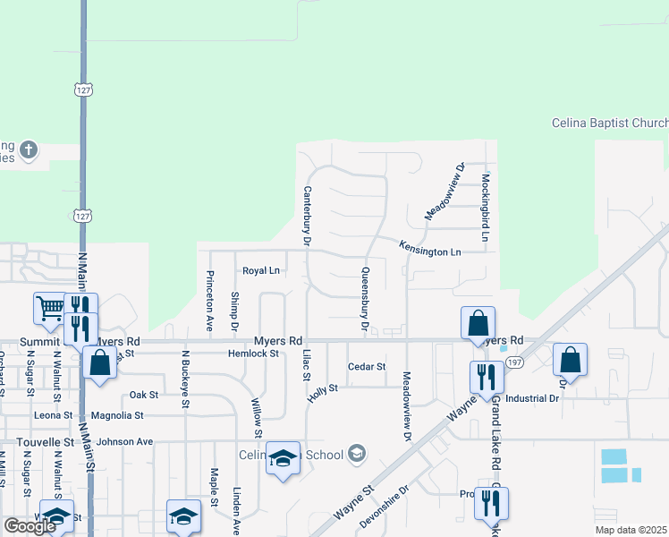 map of restaurants, bars, coffee shops, grocery stores, and more near 801 Greenbriar Court in Celina