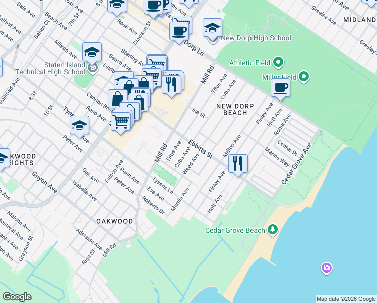 map of restaurants, bars, coffee shops, grocery stores, and more near 206 Cuba Avenue in Staten Island