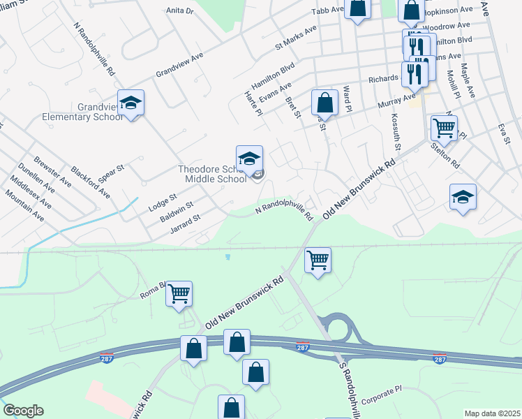 map of restaurants, bars, coffee shops, grocery stores, and more near 243 North Randolphville Road in Piscataway