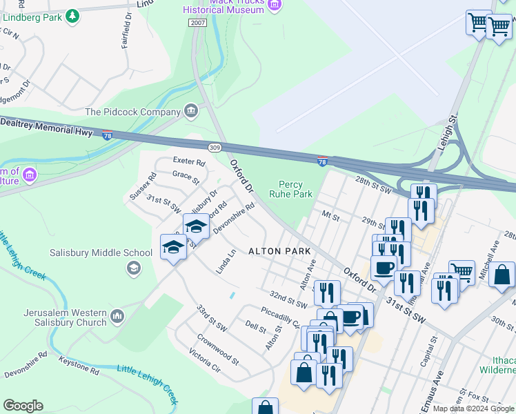 map of restaurants, bars, coffee shops, grocery stores, and more near 1630 Oxford Drive in Allentown