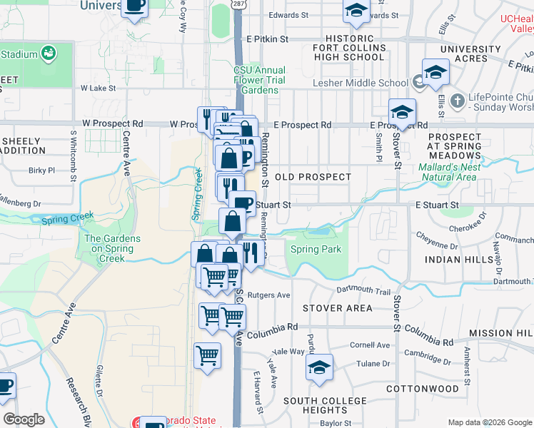 map of restaurants, bars, coffee shops, grocery stores, and more near 1808 Remington Street in Fort Collins