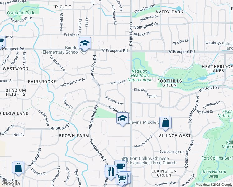 map of restaurants, bars, coffee shops, grocery stores, and more near 1901 Leicester Way in Fort Collins