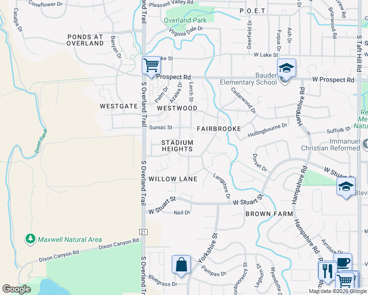 map of restaurants, bars, coffee shops, grocery stores, and more near 1925 Ross Court in Fort Collins