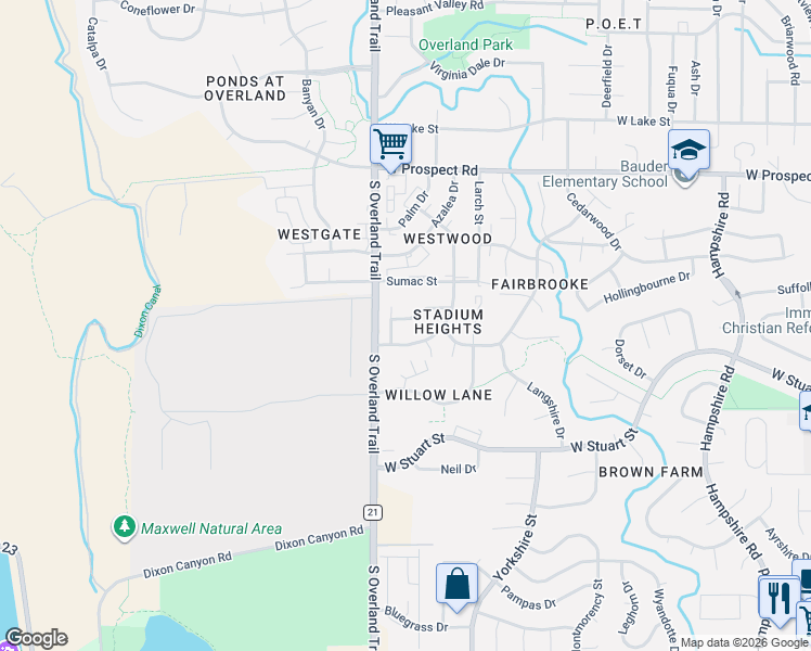 map of restaurants, bars, coffee shops, grocery stores, and more near 1925 Pecan Street in Fort Collins