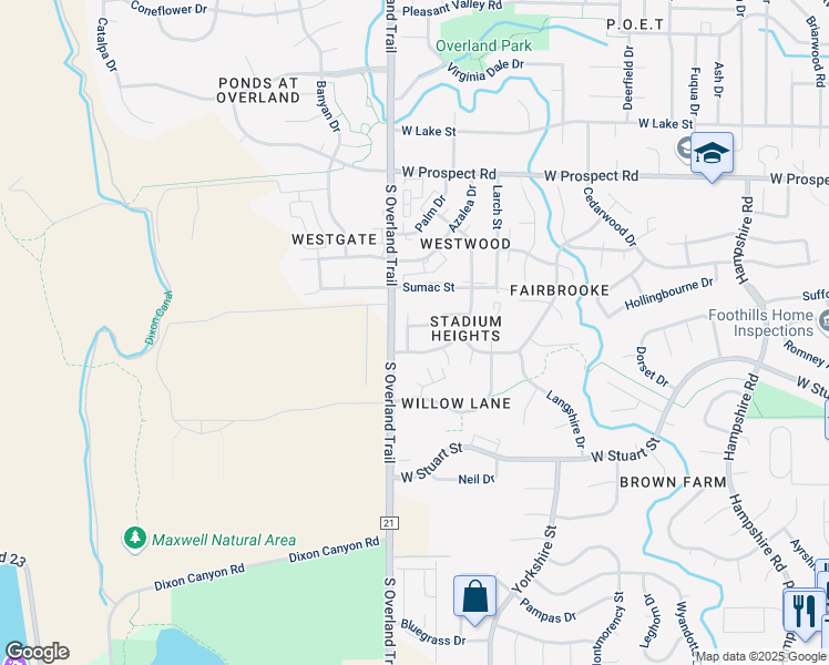 map of restaurants, bars, coffee shops, grocery stores, and more near 1919 Real Court in Fort Collins