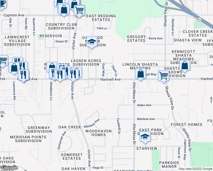 map of restaurants, bars, coffee shops, grocery stores, and more near 1999 Hartnell Avenue in Redding
