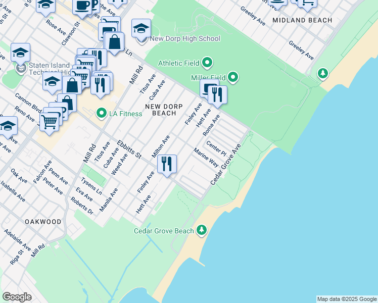 map of restaurants, bars, coffee shops, grocery stores, and more near 114 Hett Avenue in Staten Island