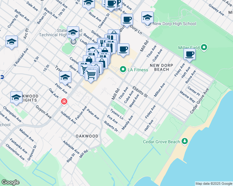 map of restaurants, bars, coffee shops, grocery stores, and more near 243 Titus Avenue in Staten Island