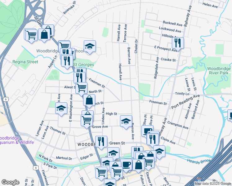 map of restaurants, bars, coffee shops, grocery stores, and more near 154 Freeman Street in Woodbridge Township