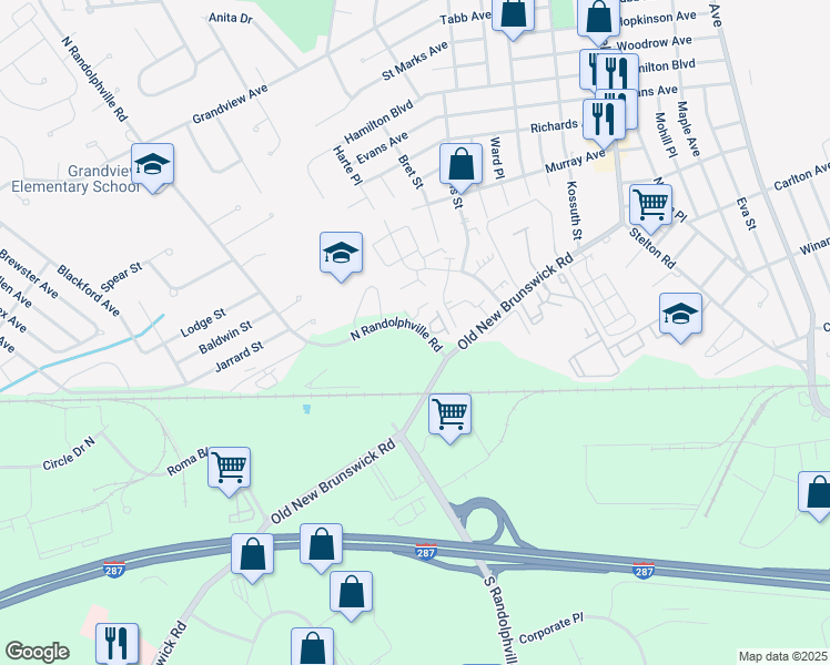 map of restaurants, bars, coffee shops, grocery stores, and more near 298 North Randolphville Road in Piscataway Township