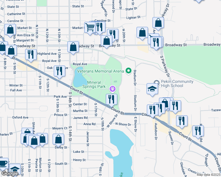 map of restaurants, bars, coffee shops, grocery stores, and more near Dragon Drive in Pekin