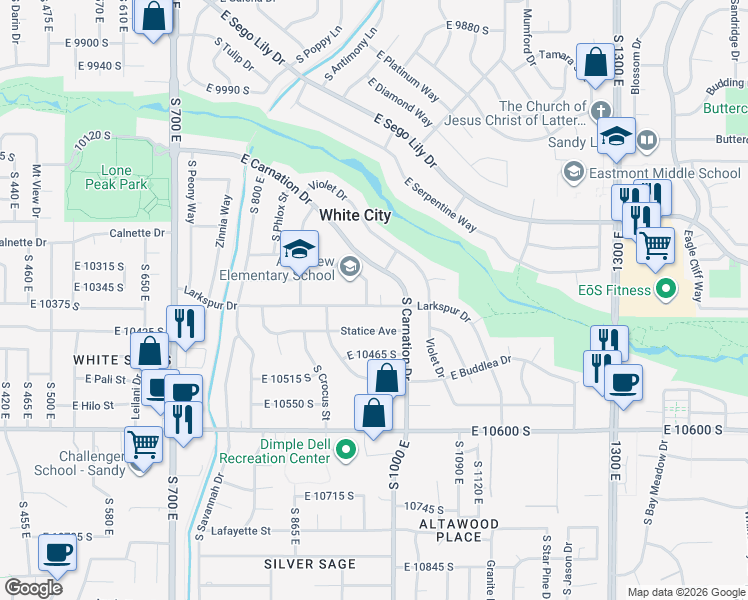map of restaurants, bars, coffee shops, grocery stores, and more near 10366 South Larkspur Circle in Sandy