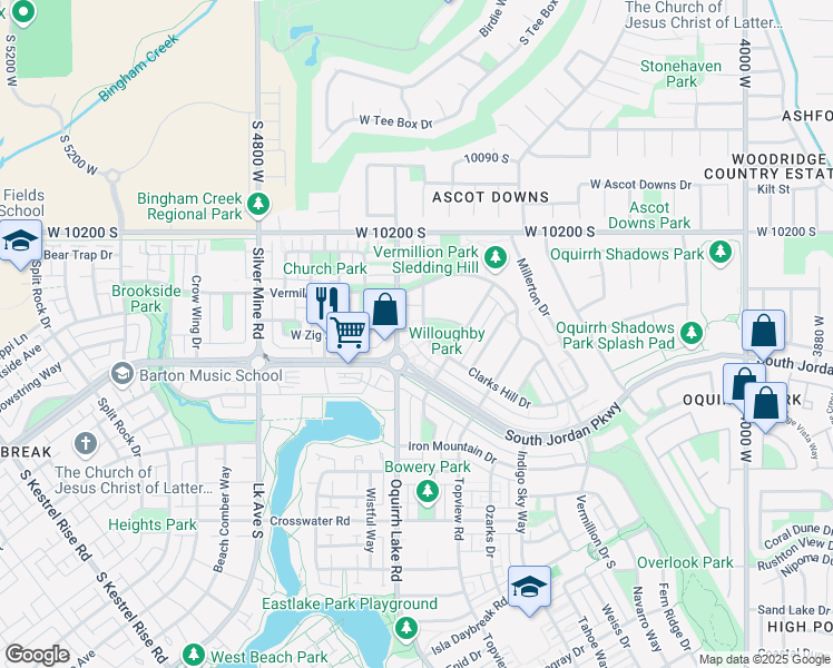 map of restaurants, bars, coffee shops, grocery stores, and more near 10358 South Clarks Hill Drive in South Jordan