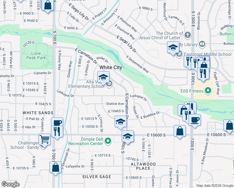 map of restaurants, bars, coffee shops, grocery stores, and more near 10366 South Larkspur Circle in Sandy