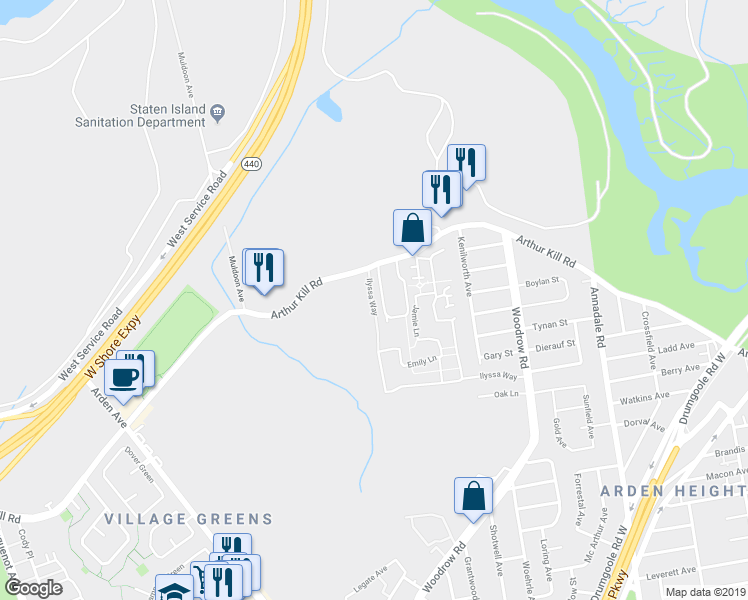 map of restaurants, bars, coffee shops, grocery stores, and more near 685 Ilyssa Way in Staten Island