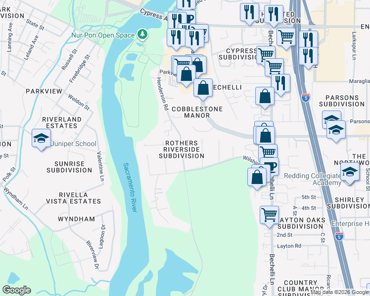 map of restaurants, bars, coffee shops, grocery stores, and more near 3043 Henderson Road in Redding