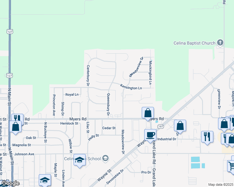 map of restaurants, bars, coffee shops, grocery stores, and more near 1108 Kingswood Court in Celina