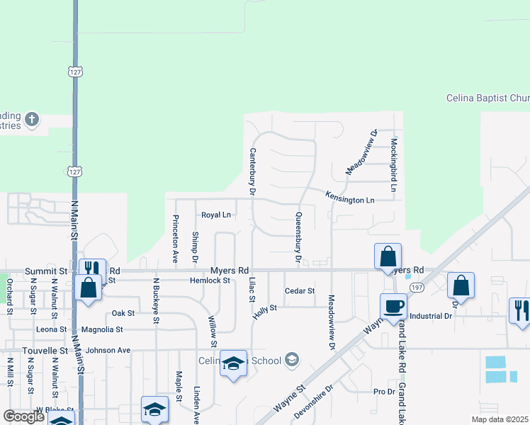 map of restaurants, bars, coffee shops, grocery stores, and more near 801 Greenbriar Court in Celina