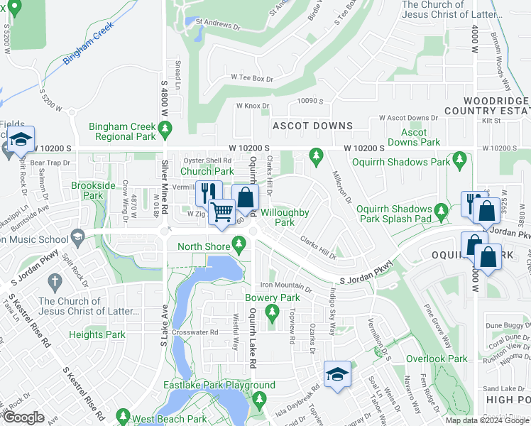 map of restaurants, bars, coffee shops, grocery stores, and more near 10358 South Clarks Hill Drive in South Jordan