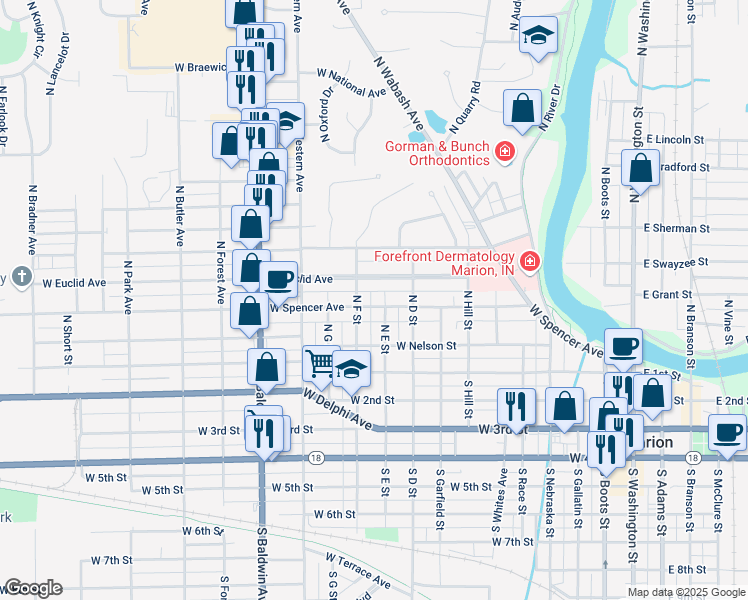 map of restaurants, bars, coffee shops, grocery stores, and more near 1006 West Spencer Avenue in Marion