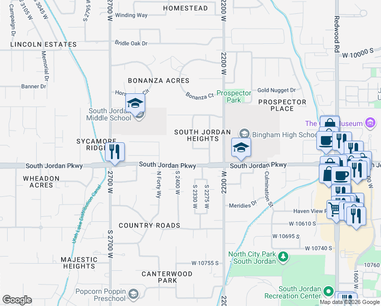 map of restaurants, bars, coffee shops, grocery stores, and more near 2343 Temple View Circle in South Jordan