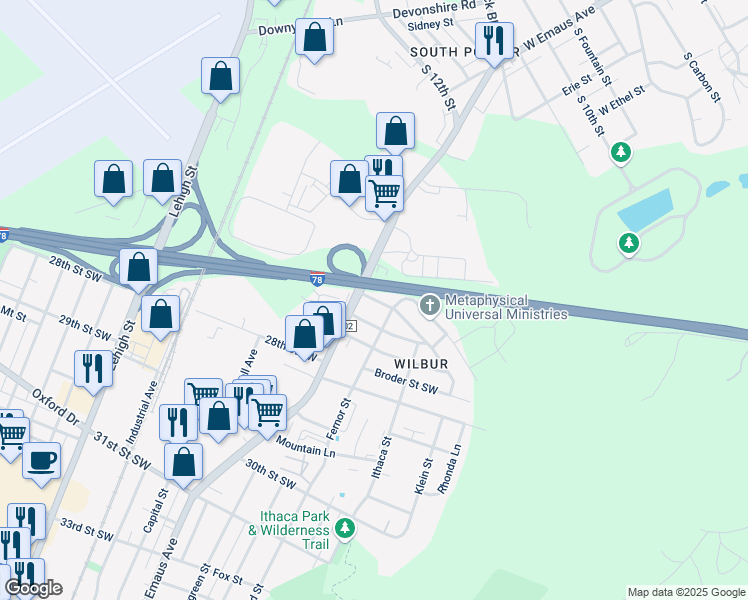 map of restaurants, bars, coffee shops, grocery stores, and more near 2417 26th Street Southwest in Allentown