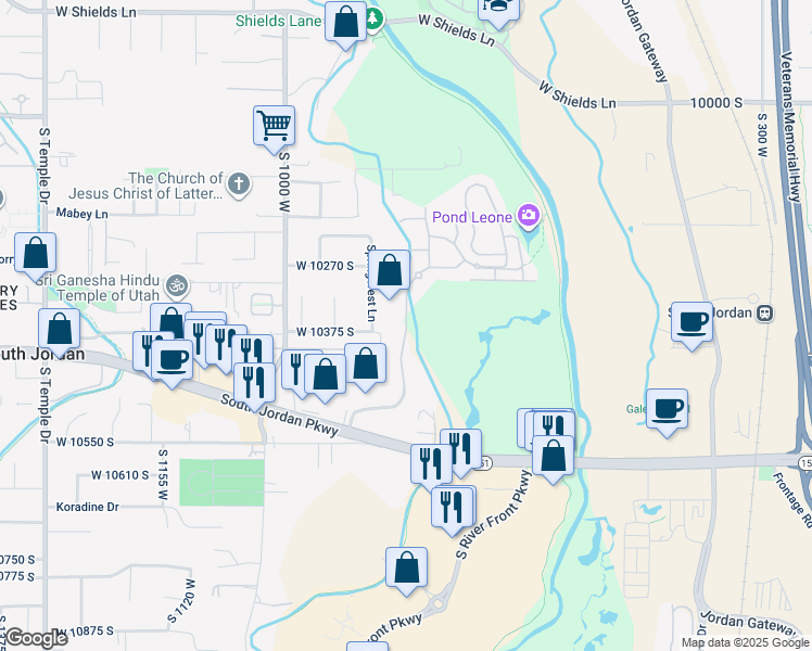 map of restaurants, bars, coffee shops, grocery stores, and more near South Jordan Creek Drive in South Jordan
