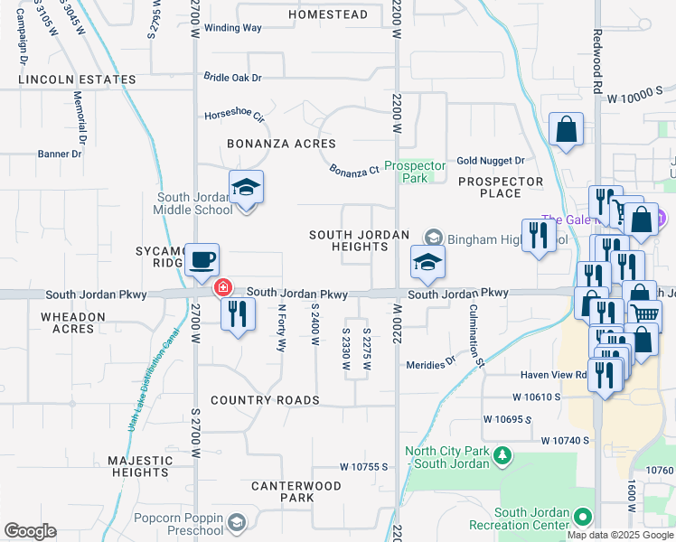 map of restaurants, bars, coffee shops, grocery stores, and more near 2343 Temple View Circle in South Jordan
