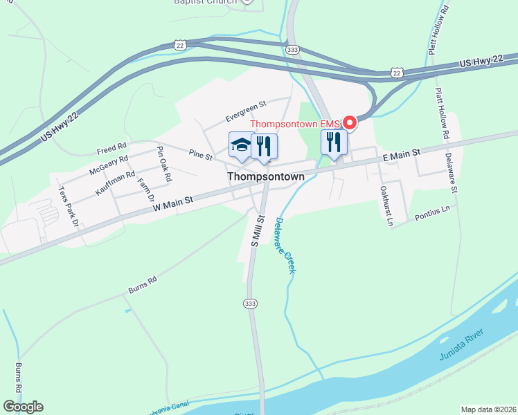 map of restaurants, bars, coffee shops, grocery stores, and more near 1910 Burns Road in Thompsontown